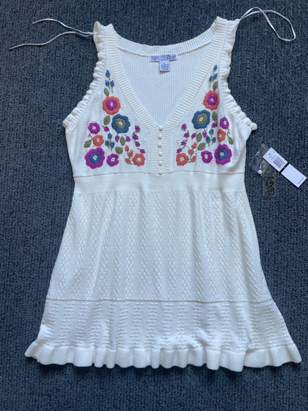 RXB White Knit babydoll tunic top with Multicolor Floral Embroidery